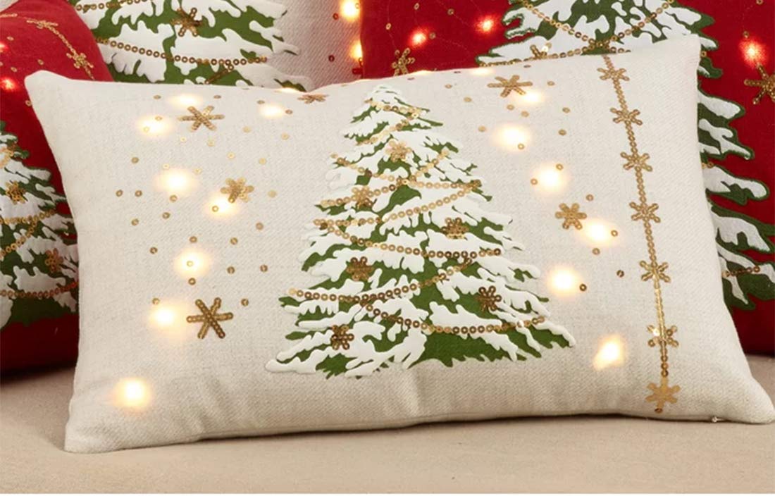 Fennco Styles Christmas Tree Design with LED Light Decorative Throw Pillow Cover & Insert 13 x 20 Inch - White Pillow for Holiday Décor, Couch, Living Room and Bedroom Décor