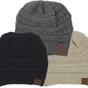 Funky Junque Solid Beanie 3-Pack: Black, H. Grey, Beige