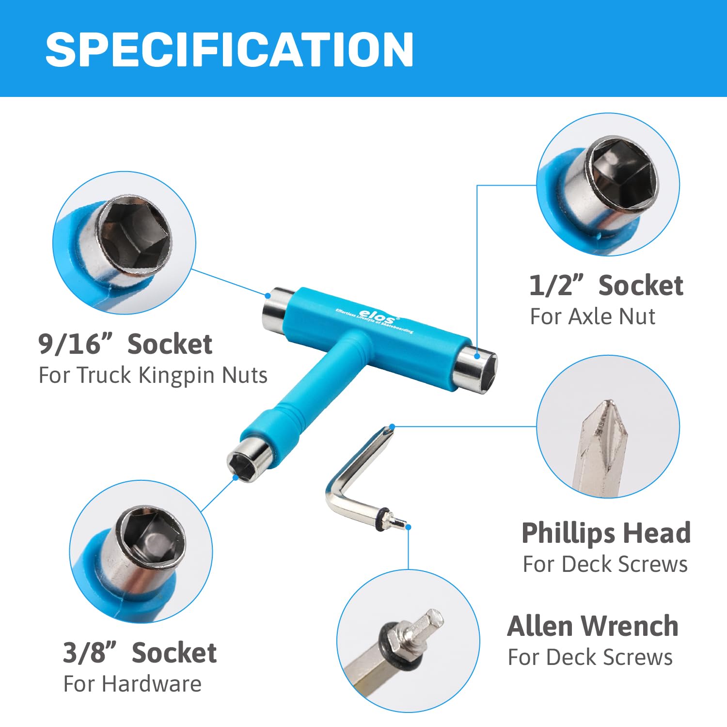 ELOS Skate Tool All-in-one - Skate T Tool for Skateboard, Longboard, Roller Skate with Allen Skate Key & Phillips Head Wrench, 4oz Skateboard Tool Kit, Longboard Tool Kit, Roller Skate Tool Hardware