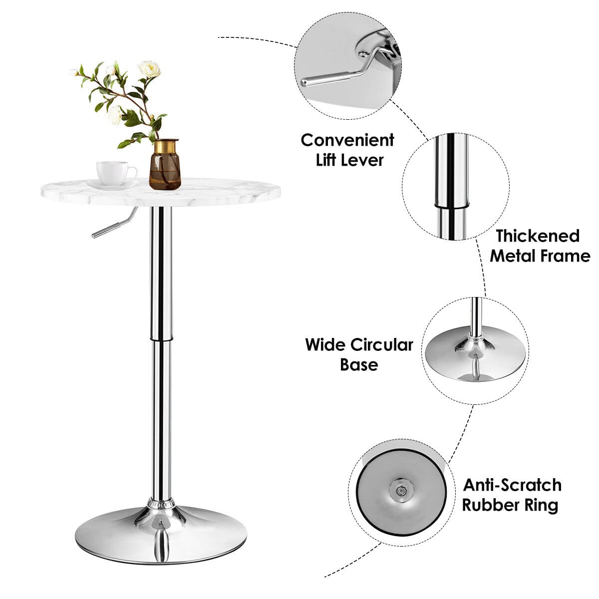 Giantex Round Pub Table Height Adjustable, 360° Swivel Cocktail Pub Table with Sliver Leg and Base for Home, Bar Table (White)