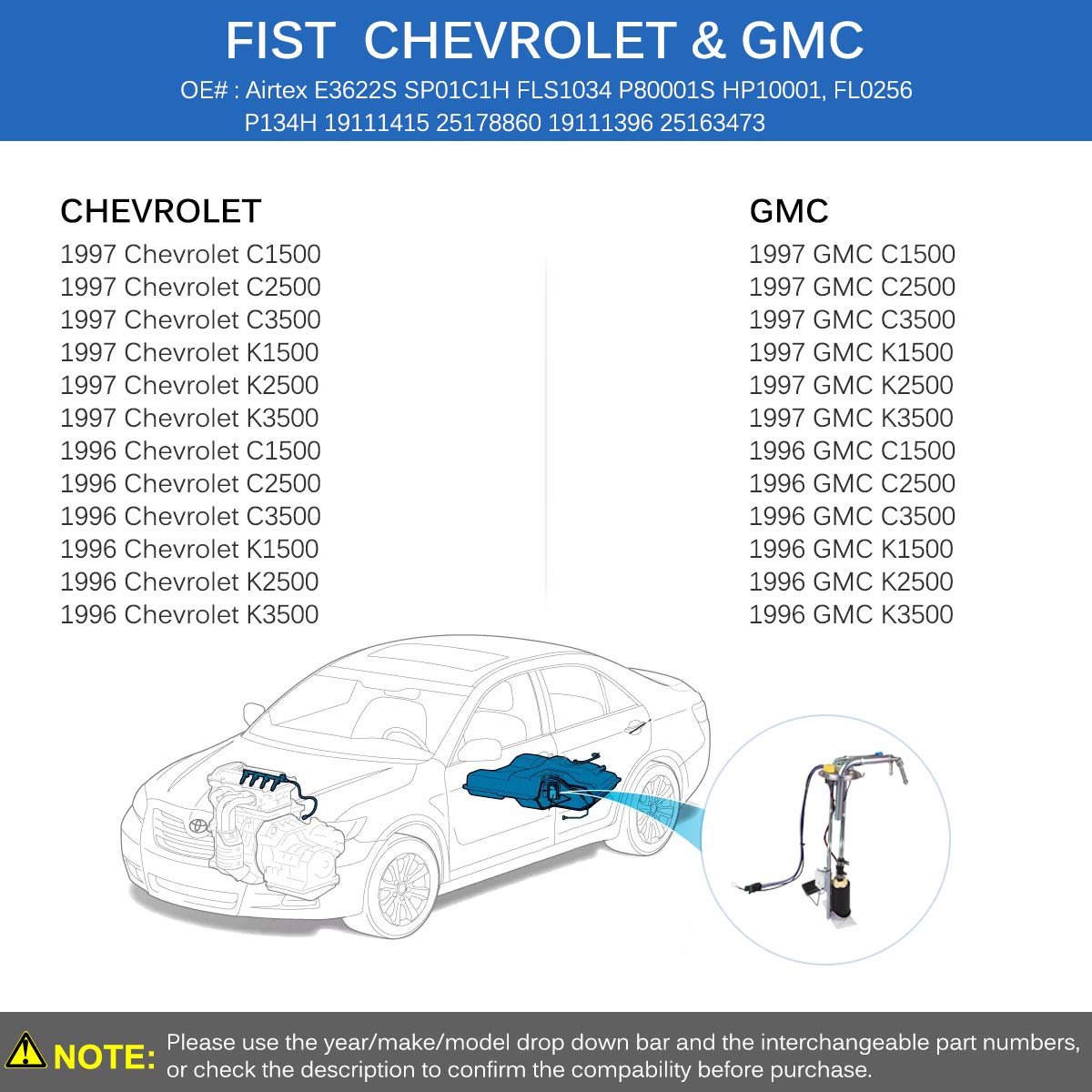 FAERSI Fuel Pump Replace# E3622S Compatible with 1996-1997 Chevy | GMC C1500 C2500 C3500 K1500 K2500 K3500 V6 V8 4.3L 5.0L 5.7L 7.4L Module Assembly