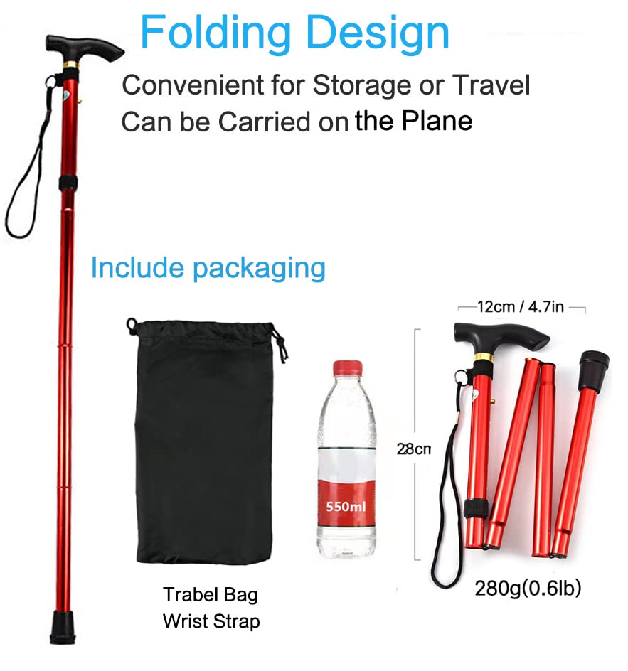 Walking Stick/Canes,Foldable, Collapsable Cane Hiking Pole Height Adjustable, Lightweight Anti-Slip for Travel Outdoor Hiking Help Balance for Men and Women Seniors(red)