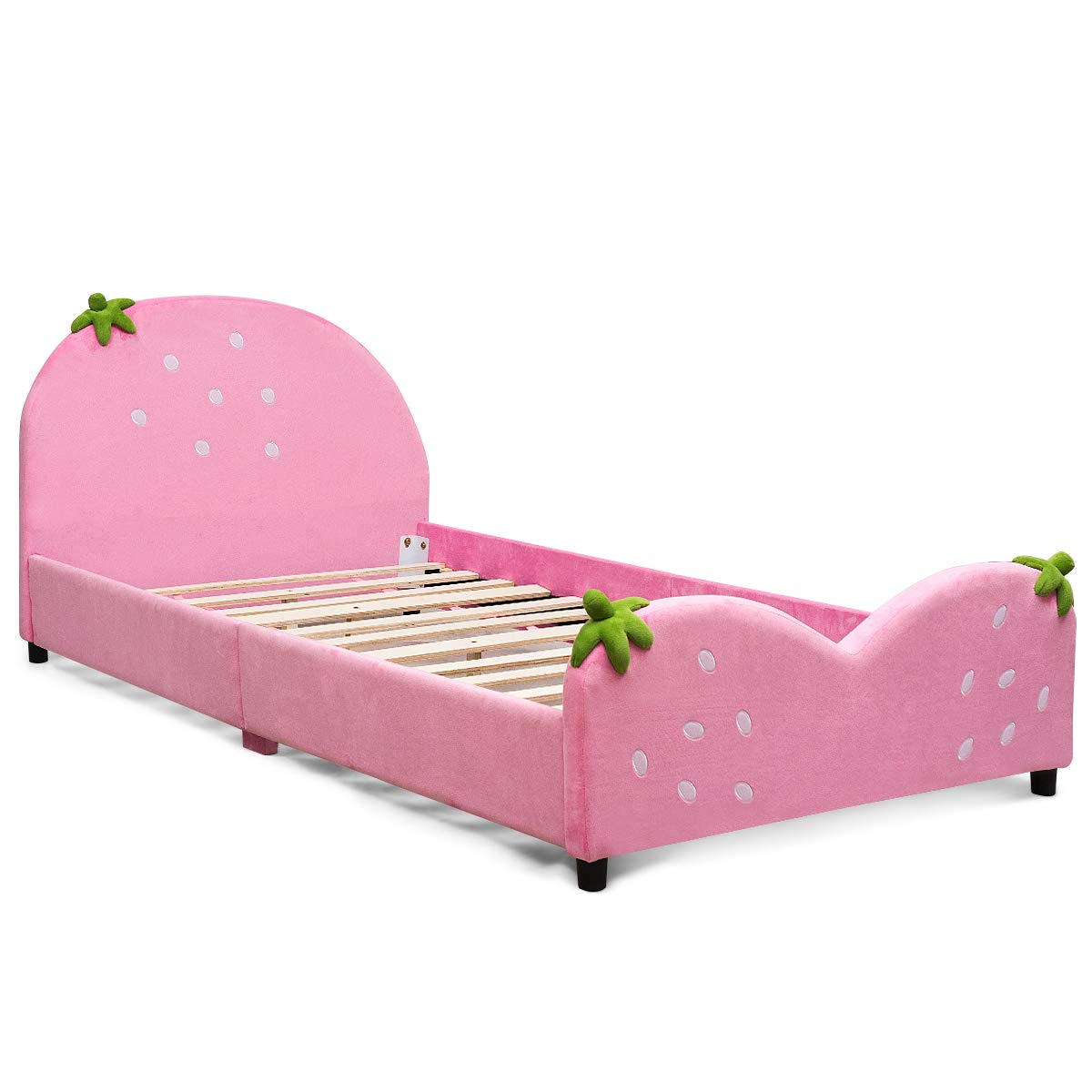 Costzon Twin Bed Frames for Kids, Wood Upholstered Twin Bed Platform with Slat Support, Padded Headboard&Footboard, No Box Spring Needed, Easy Assembly, Fits Standard Twin Mattress (Strawberry)