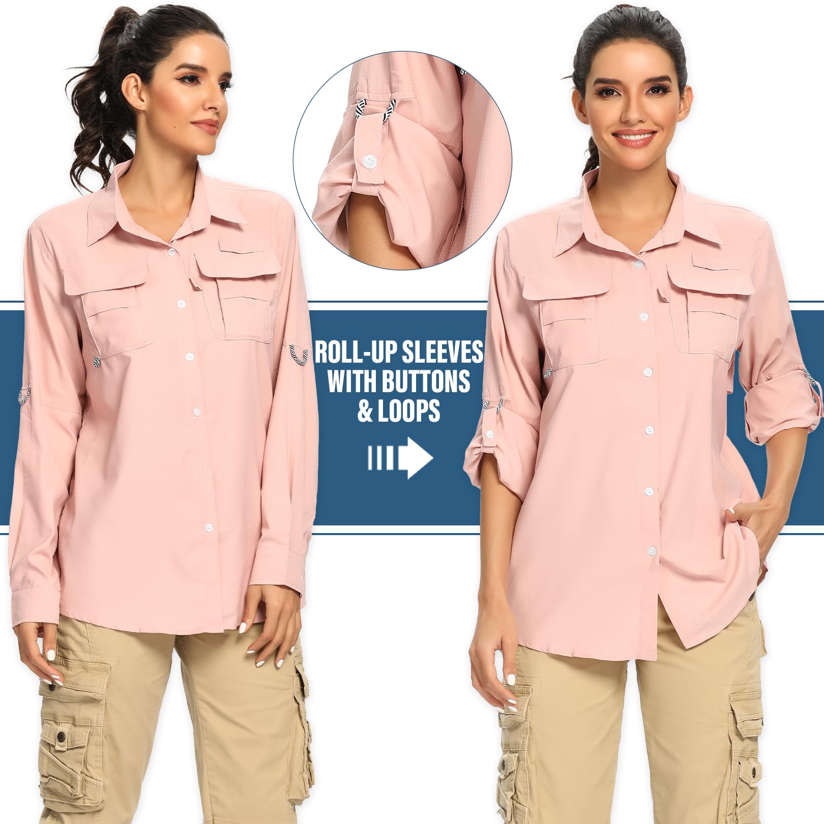 Women's Quick Dry UPF 50+ Sun Protection Long Sleeve Shirt Hiking Fishing Shirts,Pink,M