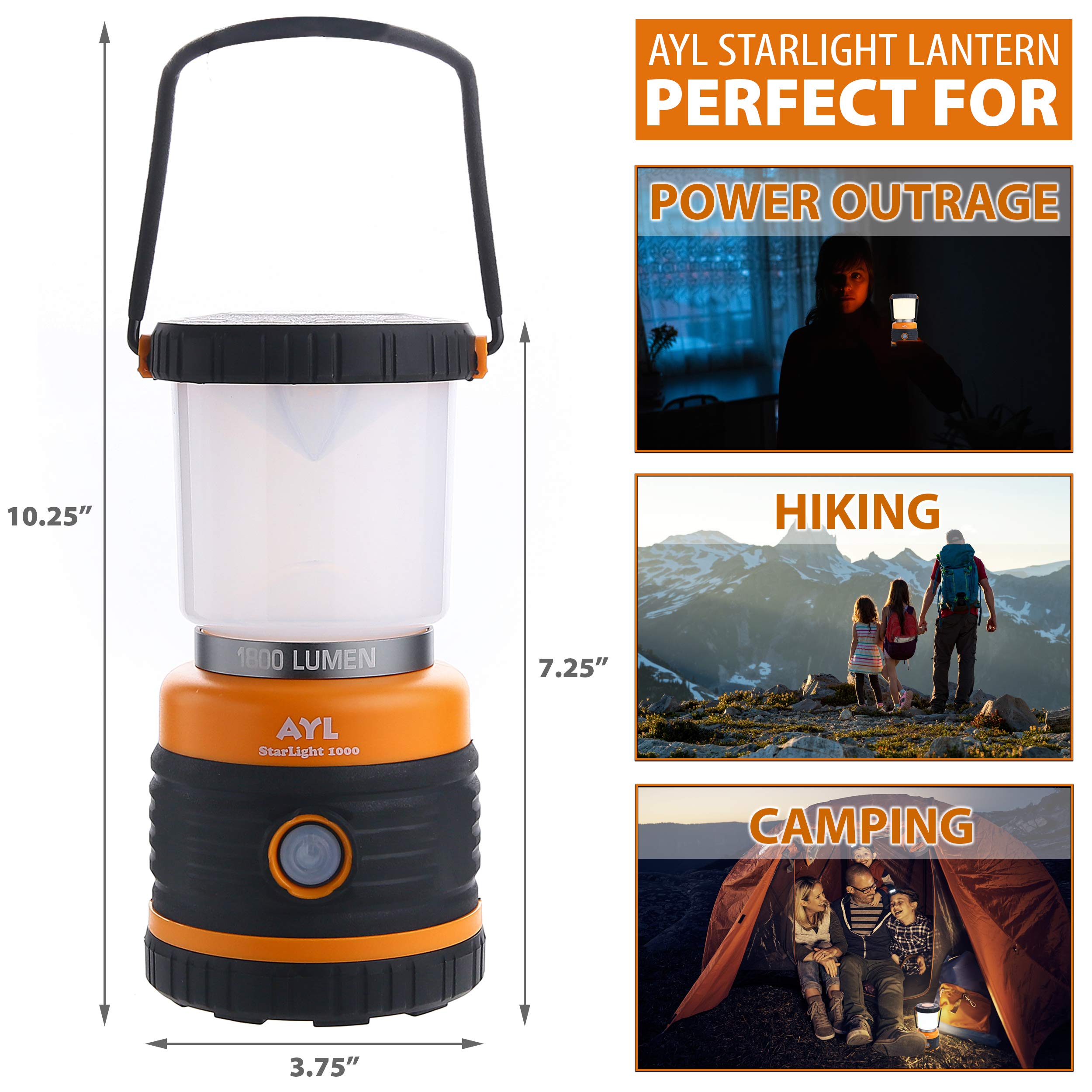 AYL LED Camping Lantern, Battery Powered LED 1800LM, 4 Camping Lights Modes, Perfect Lantern Flashlight for Hurricane, Emergency Light, Storm, Power Outages, Survival Kits, Hiking, Fishing, Tent, Home