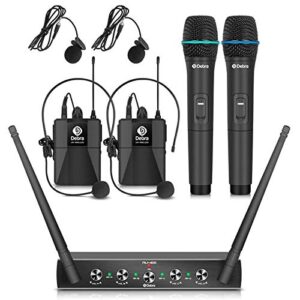 debra audio pro uhf 4 channel wireless microphone system with cordless handheld lavalier headset mics, metal receiver, ideal for karaoke church party (with 2 handheld & 2 bodypack (a))