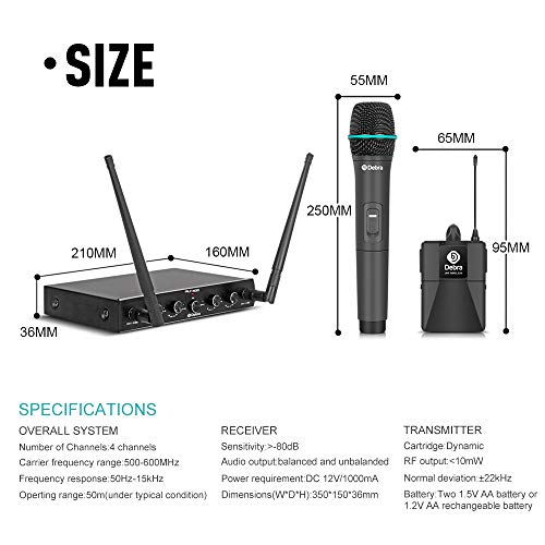 Debra Audio Pro UHF 4 Channel Wireless Microphone System with Cordless Handheld Lavalier Headset Mics, Metal Receiver, Ideal for Karaoke Church Party (with 2 Handheld & 2 Bodypack (A))
