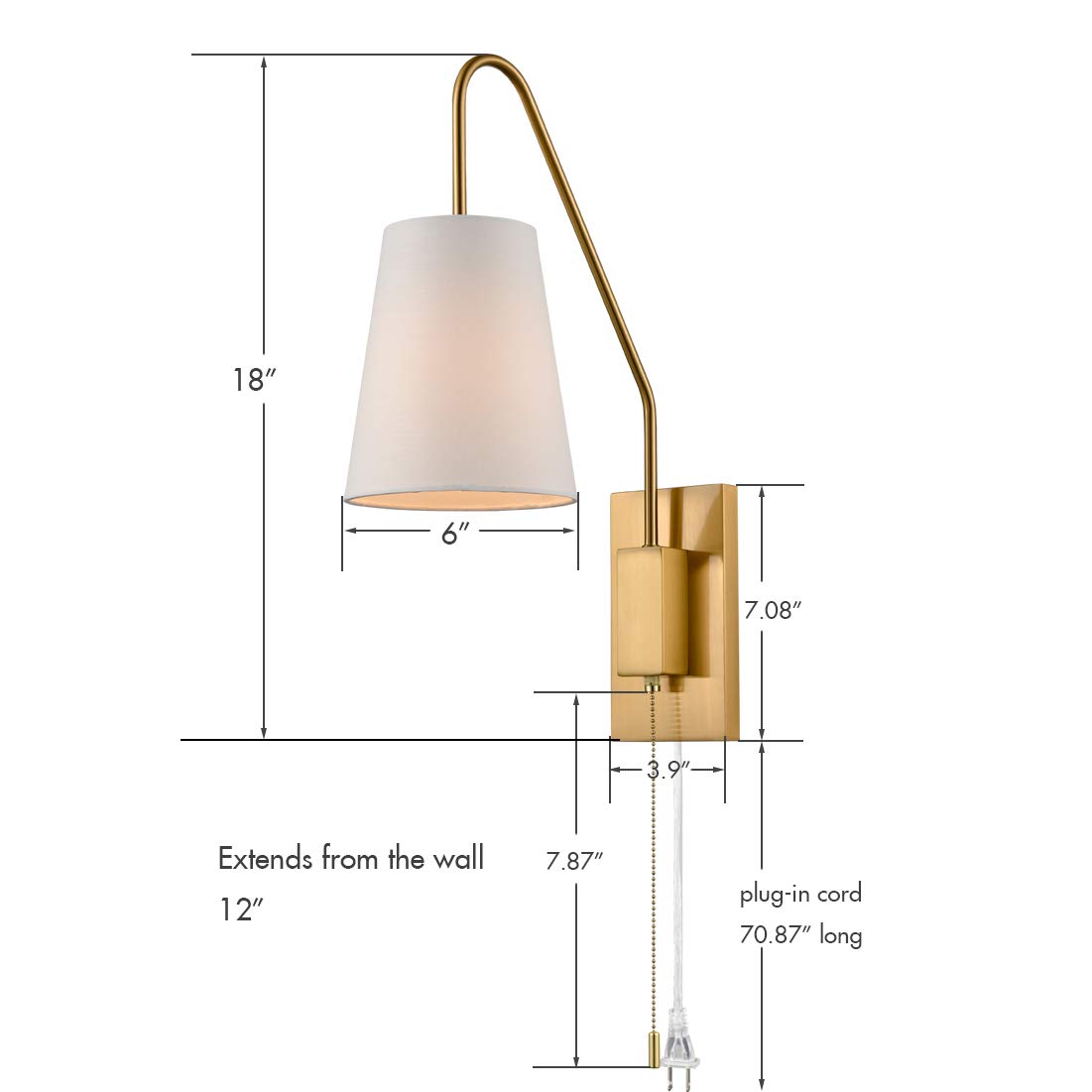 JEENKAE Modern Plated Brass Gold Plug-in Wall Sconces Set of Two Fabric Shade Bedroom Wall Lamp with Pull Chain Switch