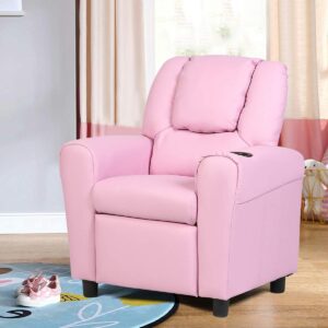 HONEY JOY Kids Recliner, 2-in-1 Toddler Armrest Sofa Couch with Cup Holders, Adjustable Footrest, PU Leather, Child-Size Recliner Chair for Boys Girls Age 3+ (Pink)