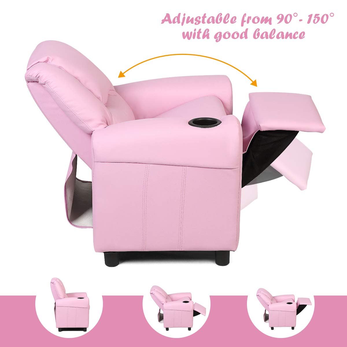 HONEY JOY Kids Recliner, 2-in-1 Toddler Armrest Sofa Couch with Cup Holders, Adjustable Footrest, PU Leather, Child-Size Recliner Chair for Boys Girls Age 3+ (Pink)