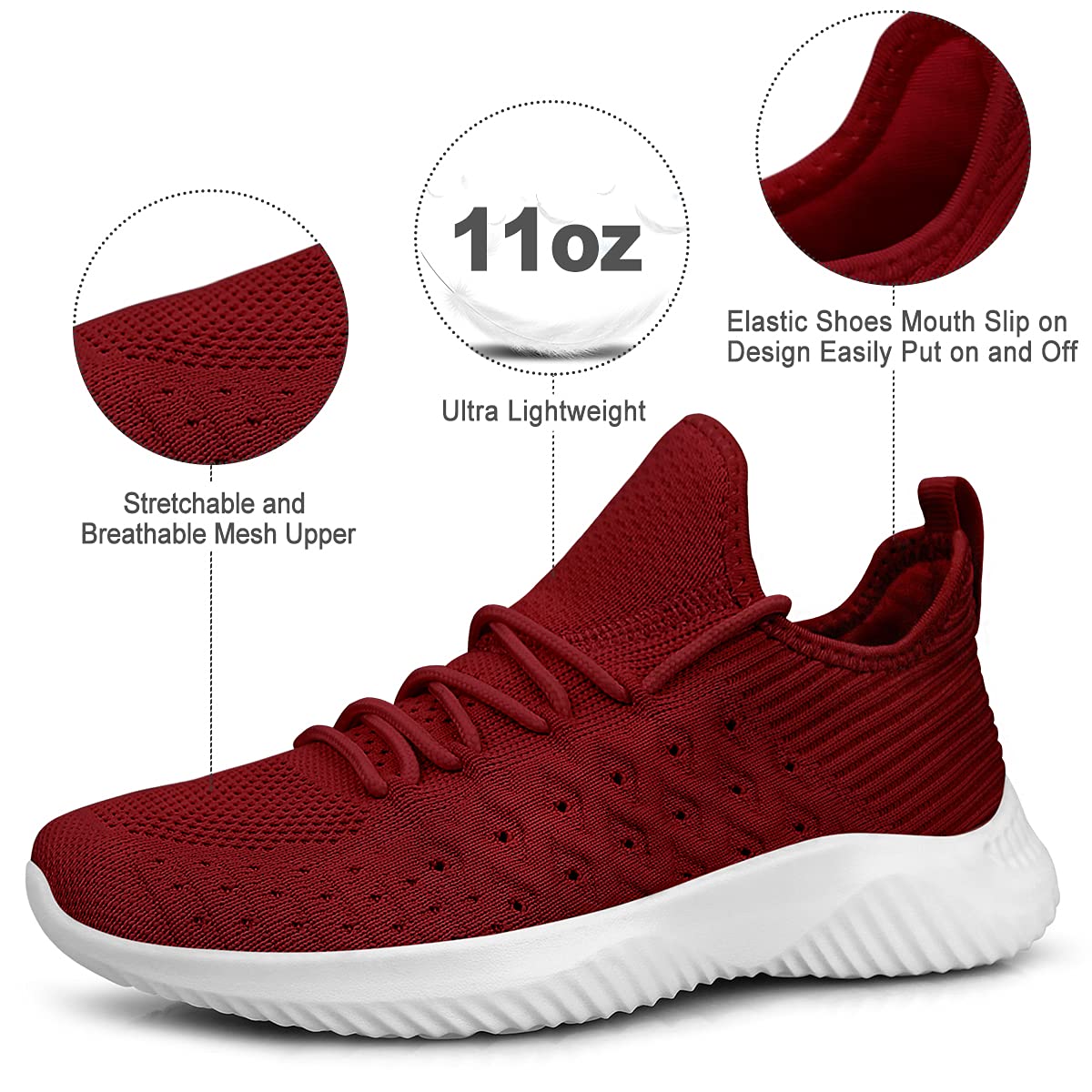 Feethit Womens Slip On Walking Shoes Non Slip Running Shoes Breathable Workout Shoes Lightweight Gym Sneakers Burgundy Size 8