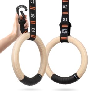 gonex wooden gymnastic rings with adjustable number straps, olympic rings for gym, workout, exercise, outdoor training, quick install carabiner, 8.5 ft straps pull up non-slip rings