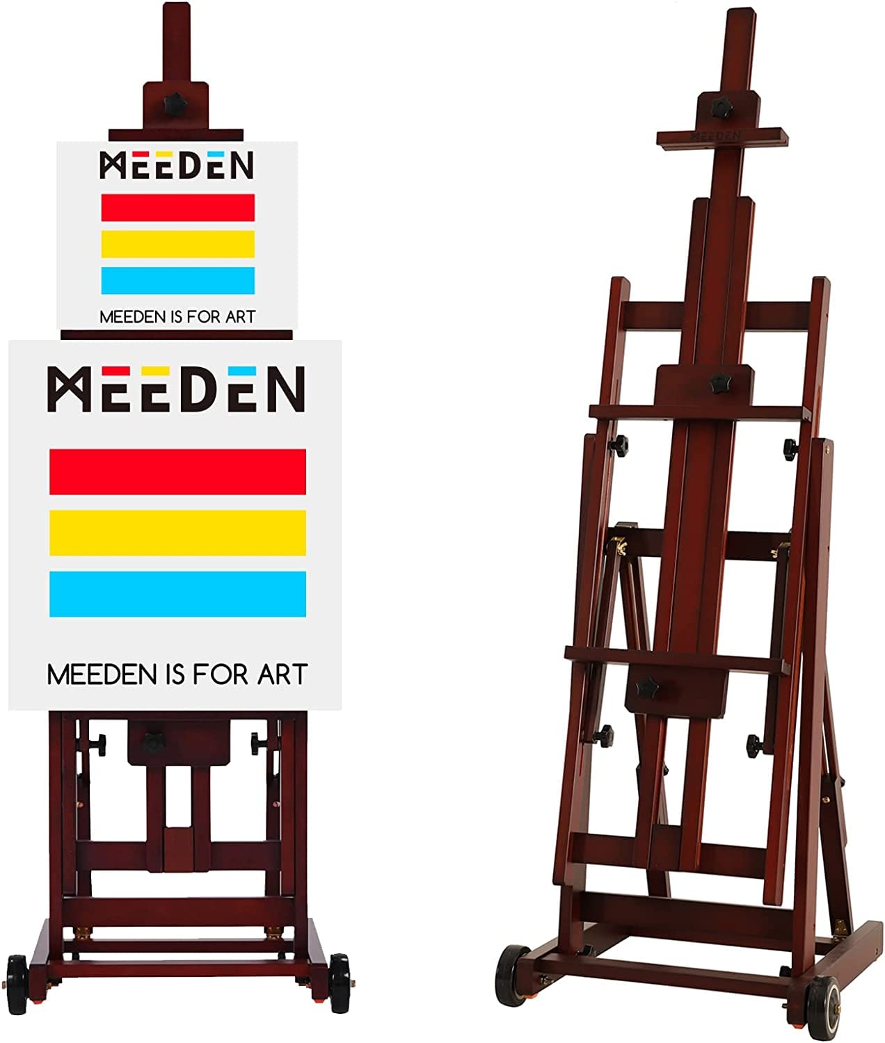 MEEDEN Multi-Function Studio Easel,H-Frame Easel,Painting Easel for Adults,Artist Easel,Floor Easel,Solid Beech Wood Easel w/Front Wheels,Holds Canvas Art up to 77" - Walnut