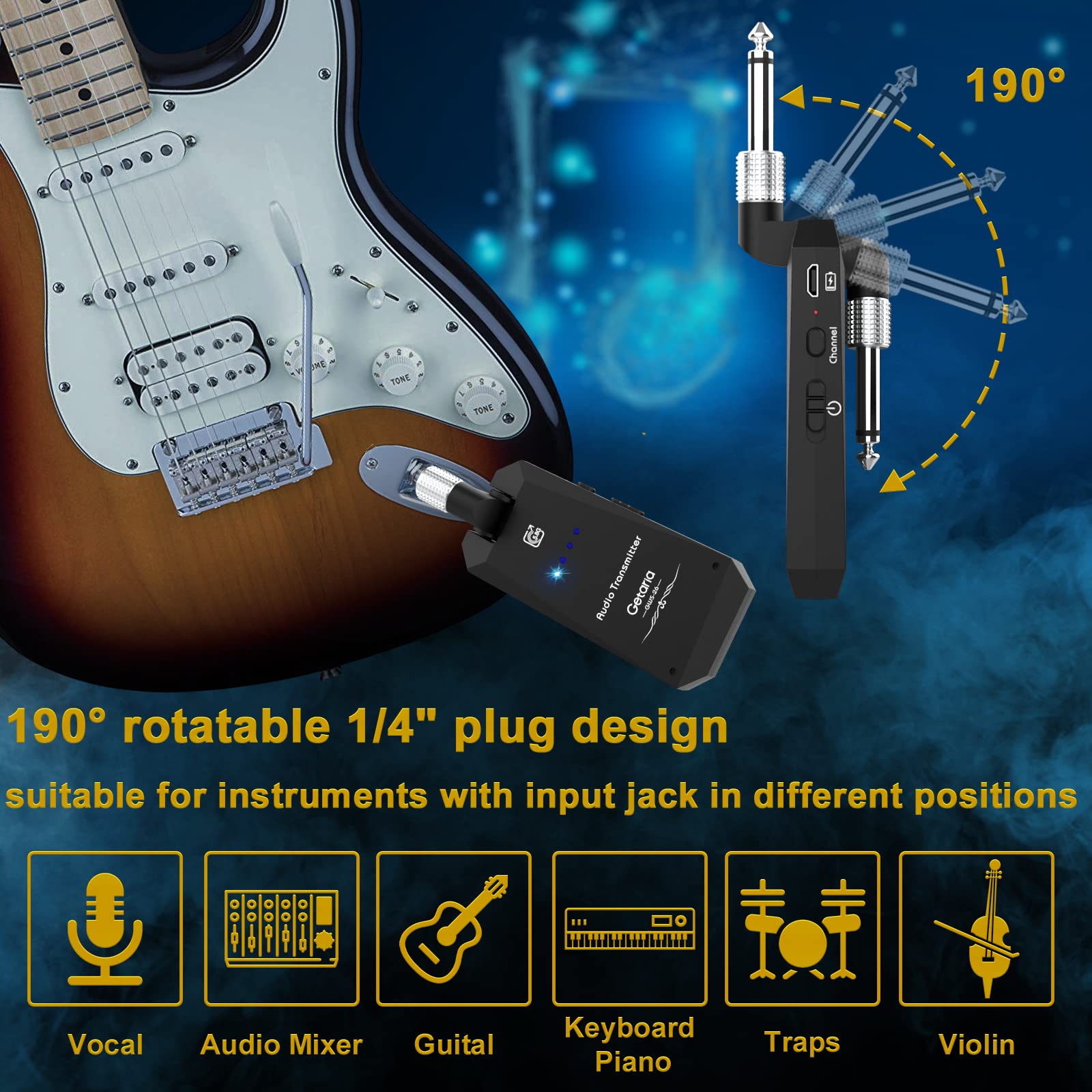 Getaria Wireless Guitar Transmitter Receiver Set 5.8GH Guitar System 4 Channels for Electric Bass Cordless Amplifier Guitar Cable Jack