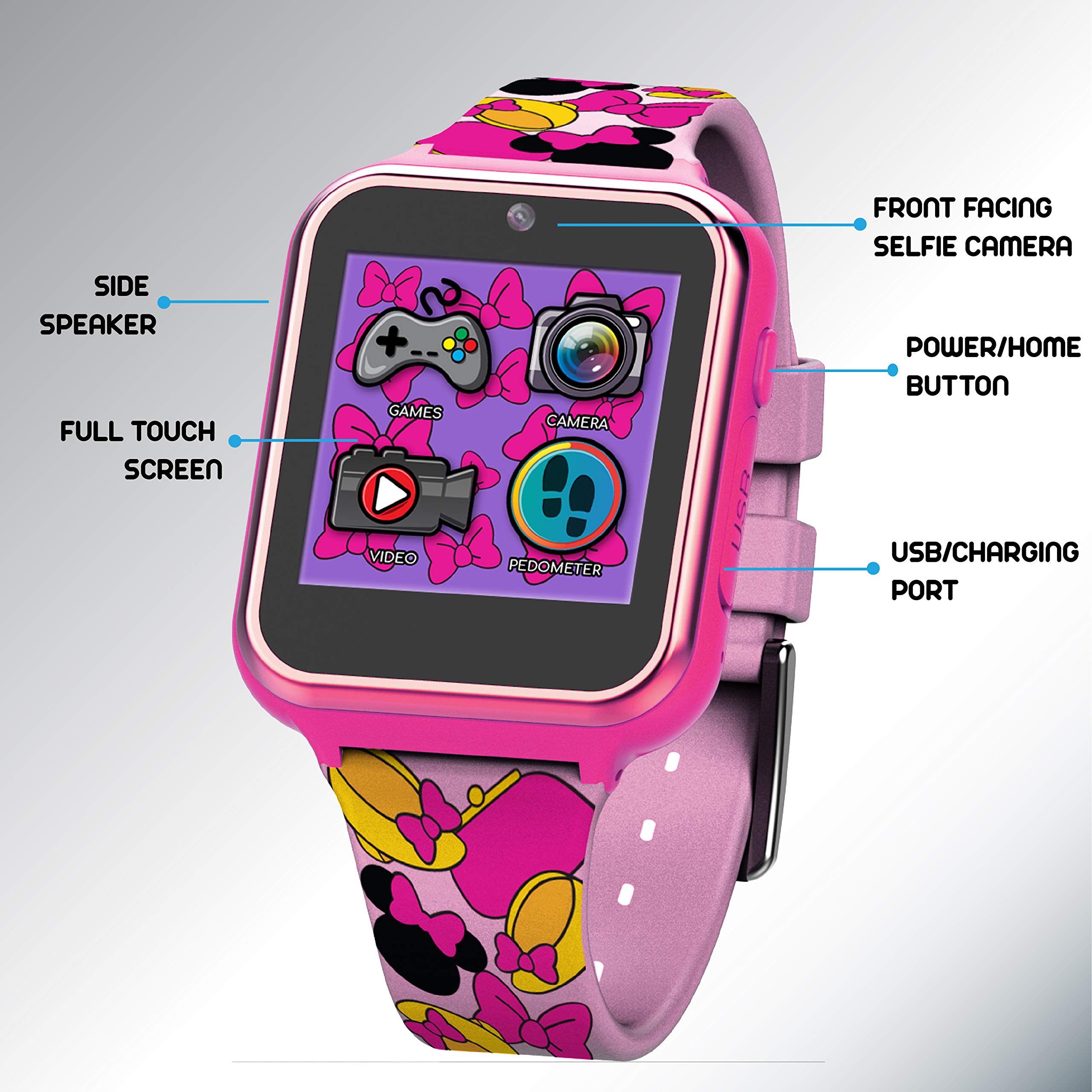 Accutime Kids Disney Minnie Mouse Pink Educational, Touchscreen Smart Watch Toy for Girls, Boys, Toddlers - Selfie Cam, Learning Games, Alarm, Calculator, Pedometer and More (Size: 40mm)