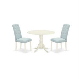 east west furniture dlce3-whi-15 dublin 3 piece set contains a round dining room table with dropleaf and 2 baby blue fabric upholstered chairs, 42x42 inch, linen white