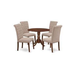 east west furniture dlbr5-mah-04 dublin 5 piece room furniture set includes a round dining table with dropleaf and 4 light tan linen fabric upholstered chairs, 42x42 inch, mahogany