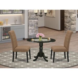 East West Furniture DLBR3-BLK-17 3 Piece Dining Room Furniture Set Contains a Round Dining Table with Dropleaf and 2 Light Sable Linen Fabric Upholstered Chairs, 42x42 Inch, Black