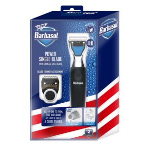 barbasol rechargeable electric wet and dry single blade shaver with stainless steel blades and adjustable beard trimmer attachment