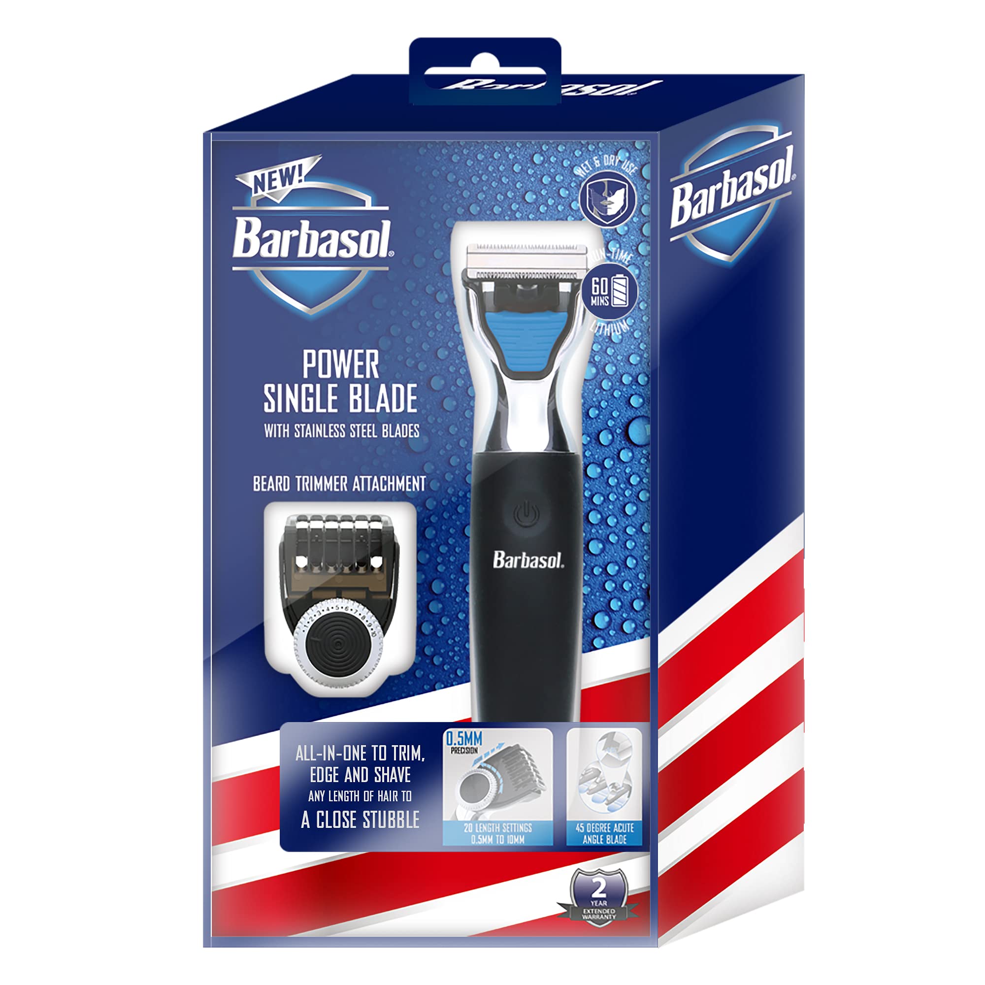 Barbasol Rechargeable Electric Wet and Dry Single Blade Shaver with Stainless Steel Blades and Adjustable Beard Trimmer Attachment