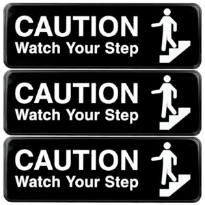 excello global products caution watch your step sign: for business restaurants offices indoor outdoor use easy to mount informative plastic sign with symbols 9” x 3”, pack of 3 (black)