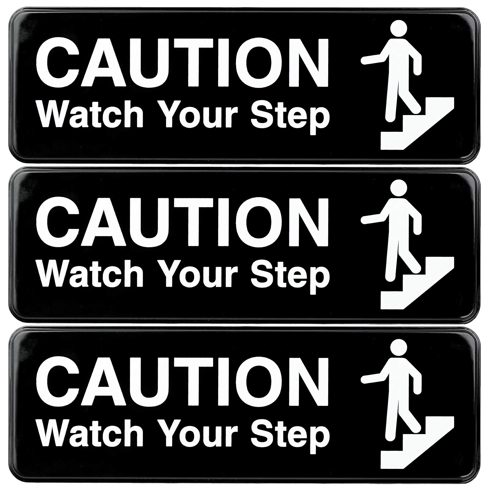 Excello Global Products Caution Watch Your Step Sign: for Business Restaurants Offices Indoor Outdoor Use Easy to Mount Informative Plastic Sign with Symbols 9” x 3”, Pack of 3 (Black)