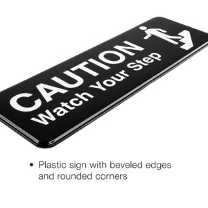 Excello Global Products Caution Watch Your Step Sign: for Business Restaurants Offices Indoor Outdoor Use Easy to Mount Informative Plastic Sign with Symbols 9” x 3”, Pack of 3 (Black)