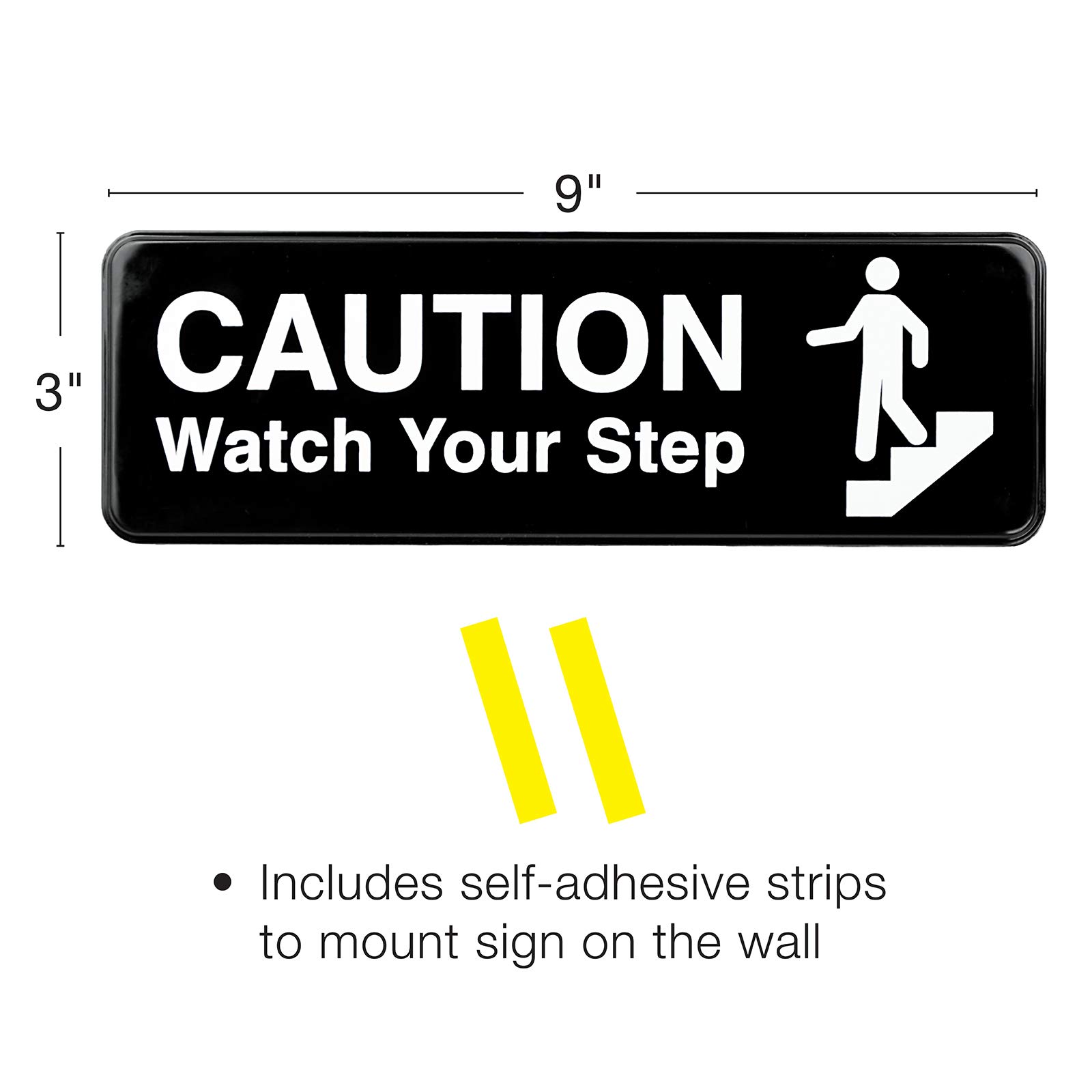 Excello Global Products Caution Watch Your Step Sign: for Business Restaurants Offices Indoor Outdoor Use Easy to Mount Informative Plastic Sign with Symbols 9” x 3”, Pack of 3 (Black)