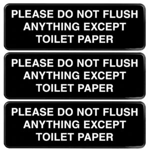 excello global products please do not flush anything except toilet paper sign: easy to mount informative plastic sign with symbols 9"x3", pack of 3 (black)