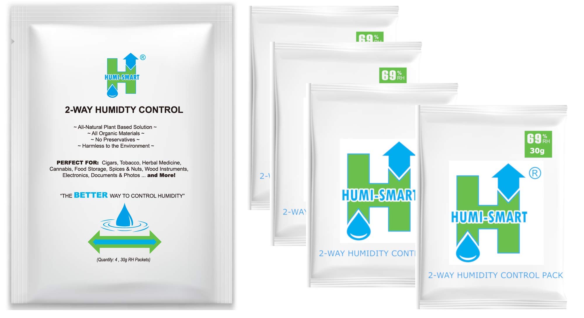 Humi-Smart 2-Way Humidity Control 69% RH 30g 4 Pack for Ideal Humidity