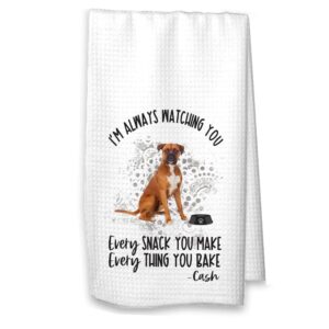 the creating studio personalized boxer waffle kitchen towel, gift for dog mom or dad, housewarming hostess gift, always watching you (boxer with name)