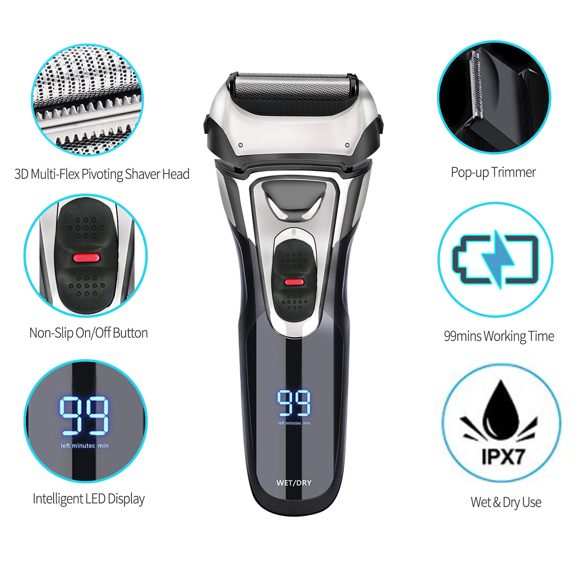 Electric Razor for Men,IPX7 Waterproof Men's Electric Shaver, AWECOT Rechargeable Foil Shaver Trimmer with 3D Floating Blades,Trimmer and LED Display,Wet & Dry Use for Beard Shaving