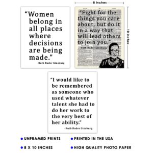 Inspirational Ruth Bader Ginsburg Wall Art - Set of 3, White, 8x10 RBG Poster, RBG Wall Art & Motivational Wall Art, Positive Affirmations Wall Decor for Bedroom & Office Decor for Men & Women