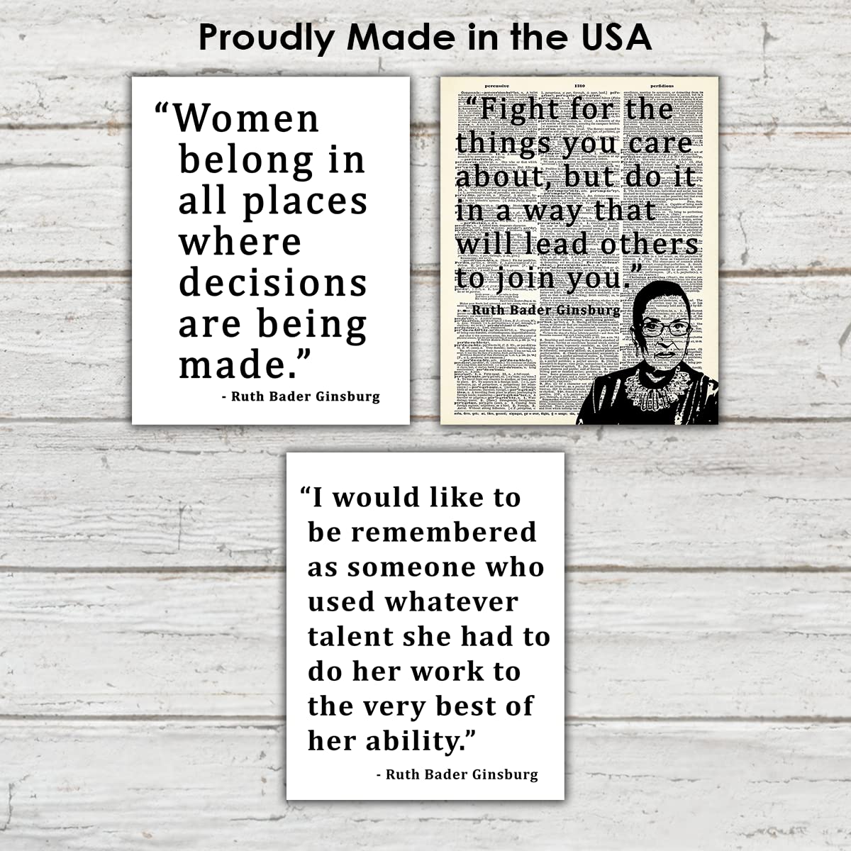 Inspirational Ruth Bader Ginsburg Wall Art - Set of 3, White, 8x10 RBG Poster, RBG Wall Art & Motivational Wall Art, Positive Affirmations Wall Decor for Bedroom & Office Decor for Men & Women