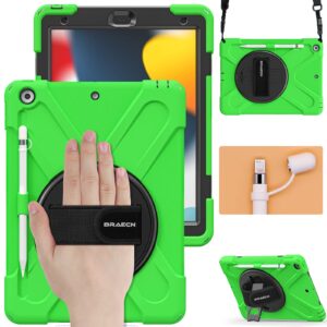 braecn ipad case 9th/8th/7th generation, 10.2 inch ipad case with hand strap, dropproof kids case with kickstand, shoulder strap, pencil holder, pencil cap holder for 2021/2020/2019 10.2" ipad(green)