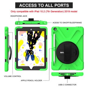 BRAECN iPad Case 9th/8th/7th Generation, 10.2 Inch iPad Case with Hand Strap, Dropproof Kids Case with Kickstand, Shoulder Strap, Pencil Holder, Pencil Cap Holder for 2021/2020/2019 10.2" iPad(Green)