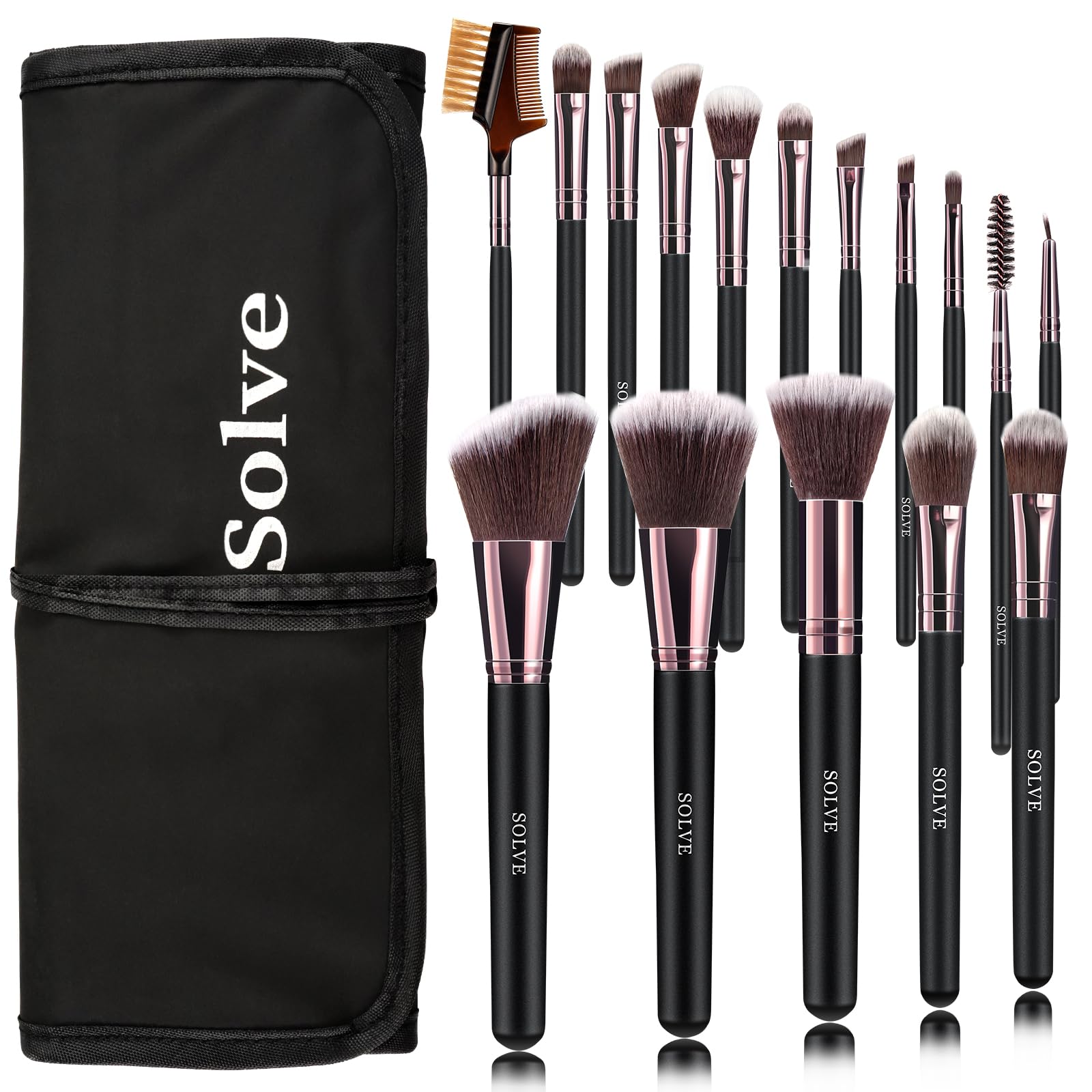 Makeup Brushes SOLVE Professional 16pcs Brushes Set with case，face makeup brushes set foundation eyeshadow brush set travel make up brushes with wooden Handle Softy synthetic fiber（𝑩𝒍𝒂𝒄𝒌 & 𝑹𝒐𝒔𝒆）