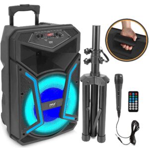 pyle portable bluetooth pa speaker system - 1200w outdoor bluetooth speaker portable pa system w/ microphone in, party lights, mp3/usb sd card reader fm radio, rolling wheels - mic, remote pphp152sm