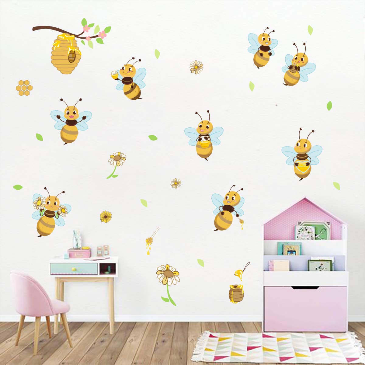 ufengke Wall Stickers Yellow Bee Wall Sticker Flowers Beehive Branch for Children's Room Living Room