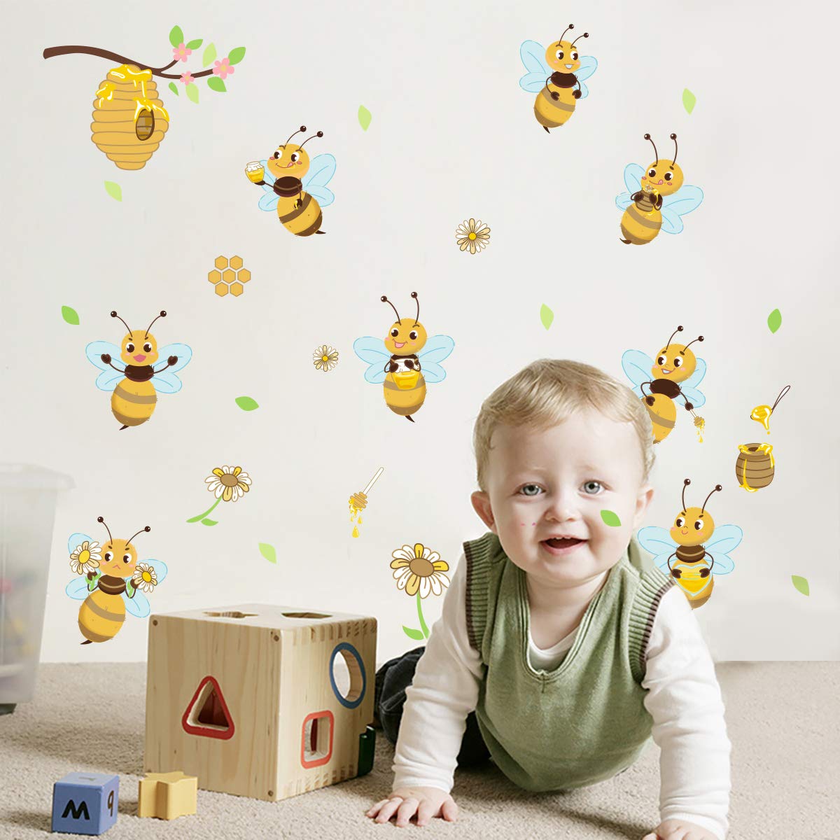 ufengke Wall Stickers Yellow Bee Wall Sticker Flowers Beehive Branch for Children's Room Living Room