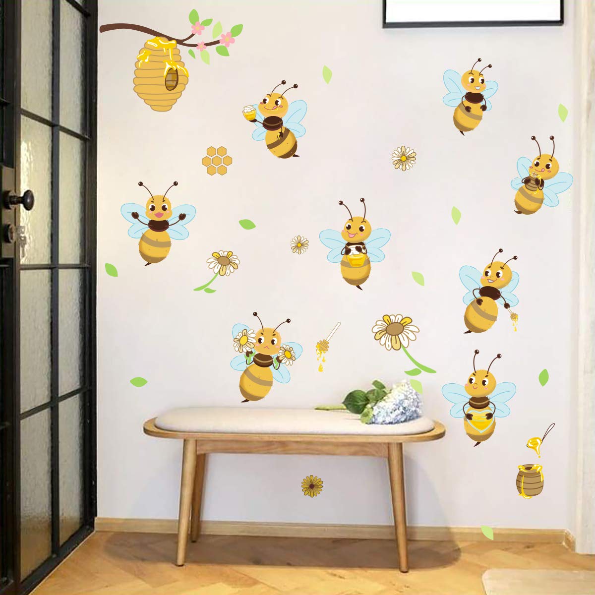 ufengke Wall Stickers Yellow Bee Wall Sticker Flowers Beehive Branch for Children's Room Living Room