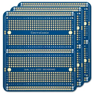 electrocookie solderable breadboard pcb double column board for electronics projects compatible for diy arduino soldering projects, gold-plated (3 pack, blue)