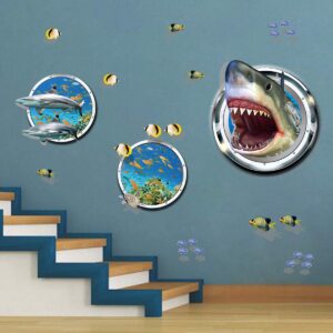 ufengke 3D Shark Broken Wall Stickers Tropical Fish DIY Wall Decals Art Decor for Bedroom Playroom