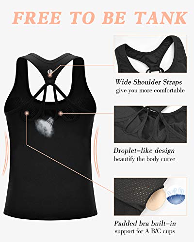 RUNNING GIRL Yoga Tank Tops for Women Built in Shelf Bra B/C Cups Strappy Back Activewear Workout Compression Tops (BX2356 Black, CN:L,US:M)