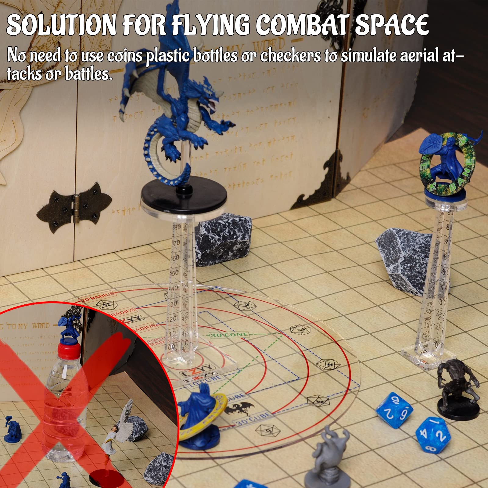 DND Flying Miniatures Combat Riser (Set of 2) Acrylic Laser Cut Flight Stand Terrain from 0 to 9999 ft Perfect for Dungeons and Dragons, Warhammer, D&D and Tabletop RPG