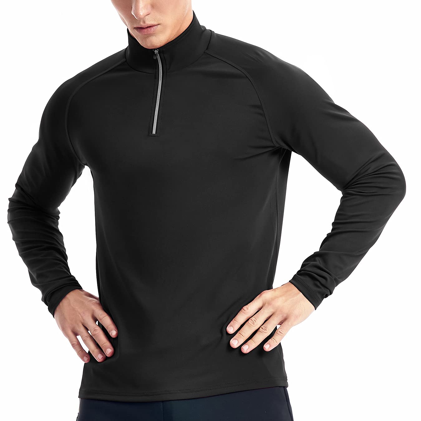 Zengjo Mens Quarter Zip Pullover Athletic Lightweight(Black,XL)