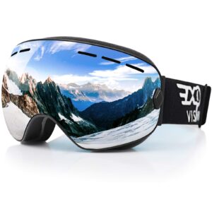 EXP VISION Snowboard Ski Goggles Men Women Youth, Anti Fog OTG Winter Snow Goggles Spherical Detachable Lens (Silver)