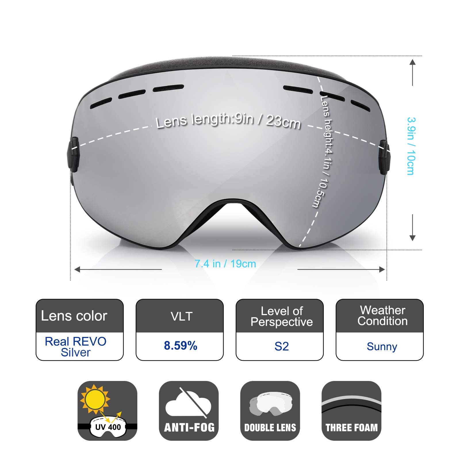 EXP VISION Snowboard Ski Goggles Men Women Youth, Anti Fog OTG Winter Snow Goggles Spherical Detachable Lens (Silver)