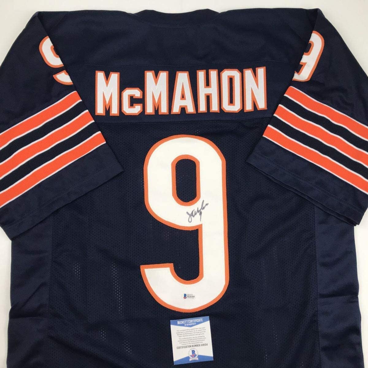 Autographed/Signed Jim McMahon Chicago Blue Football Jersey Beckett BAS COA