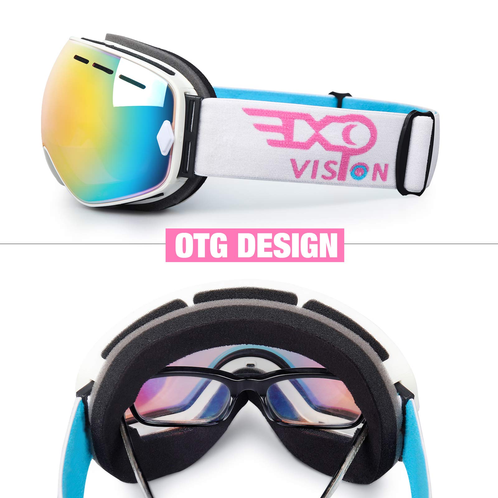 EXP VISION Ski Snowboard Goggles for Man Woman and Younth, OTG Snow Goggle Anti Fog UV400 Protection Winter Outdoor Sports Goggle-Pink